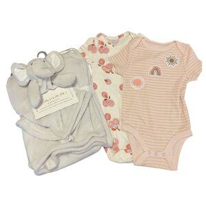 Tahari Baby Plush Elephant Blanket‎ Carters & Cloud Island 6-9M Onesies Set
